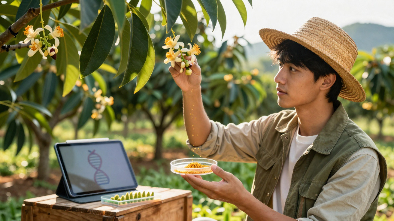 Jovem agricultor com chapéu a recolher pólen de flores numa plantação com tablet ao lado.