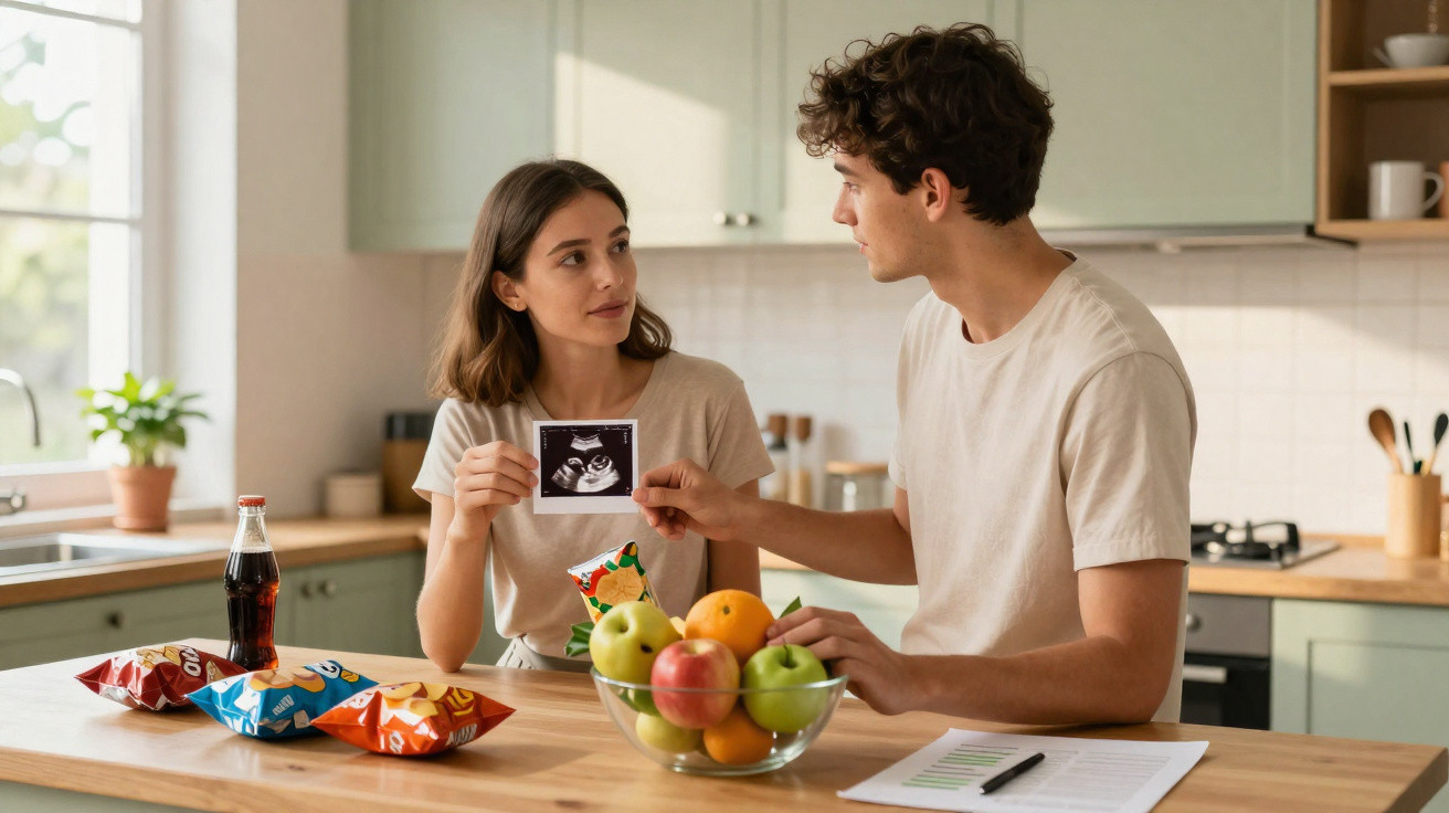 Casal jovem na cozinha a olhar para uma ecografia de bebé com frutas e snacks na mesa.
