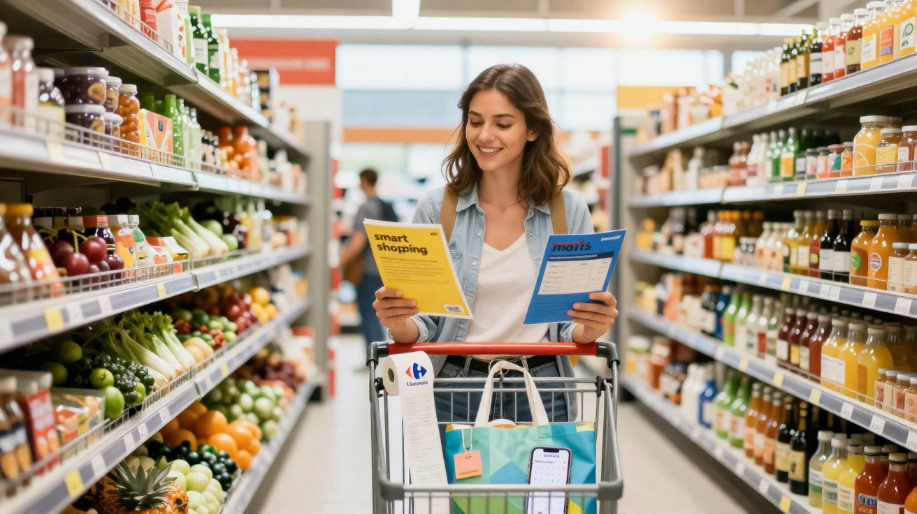 Mulher com carrinho de compras lê listas em corredor de supermercado com frutas e bebidas.