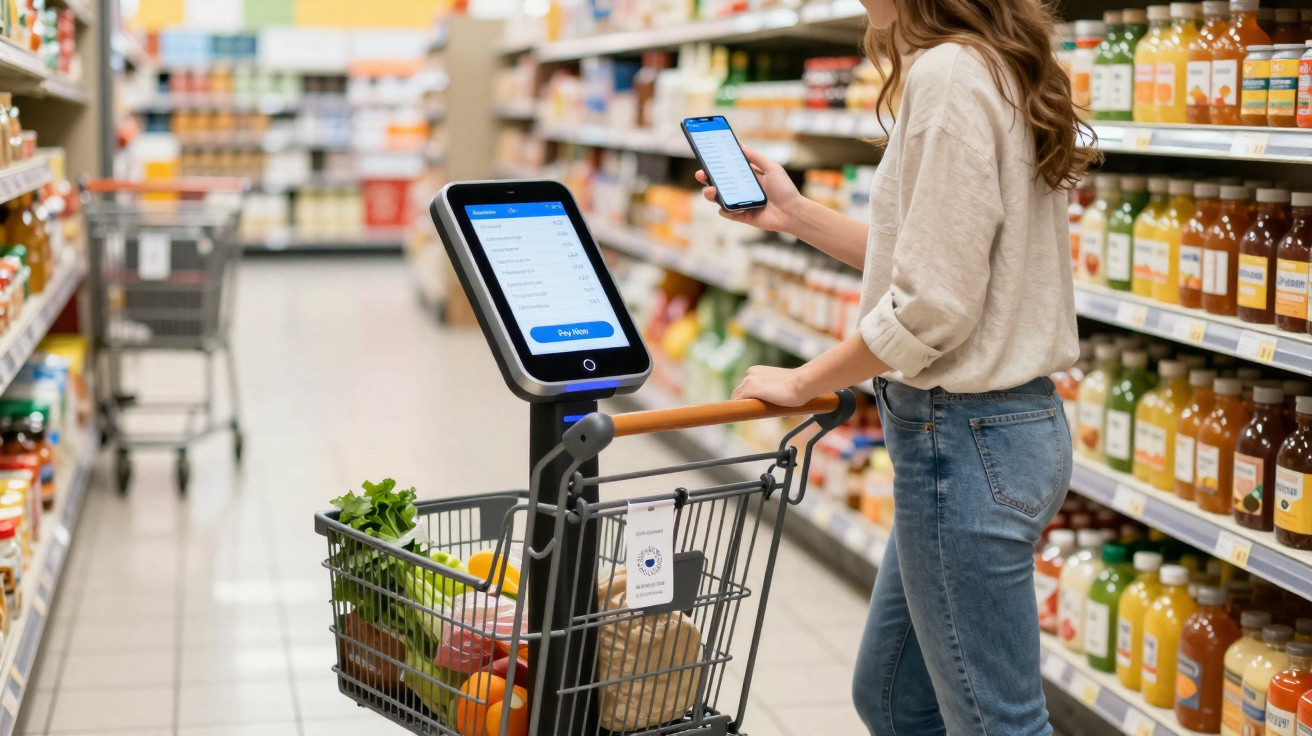 Mulher a fazer compras num supermercado com carrinho inteligente e telemóvel na mão.