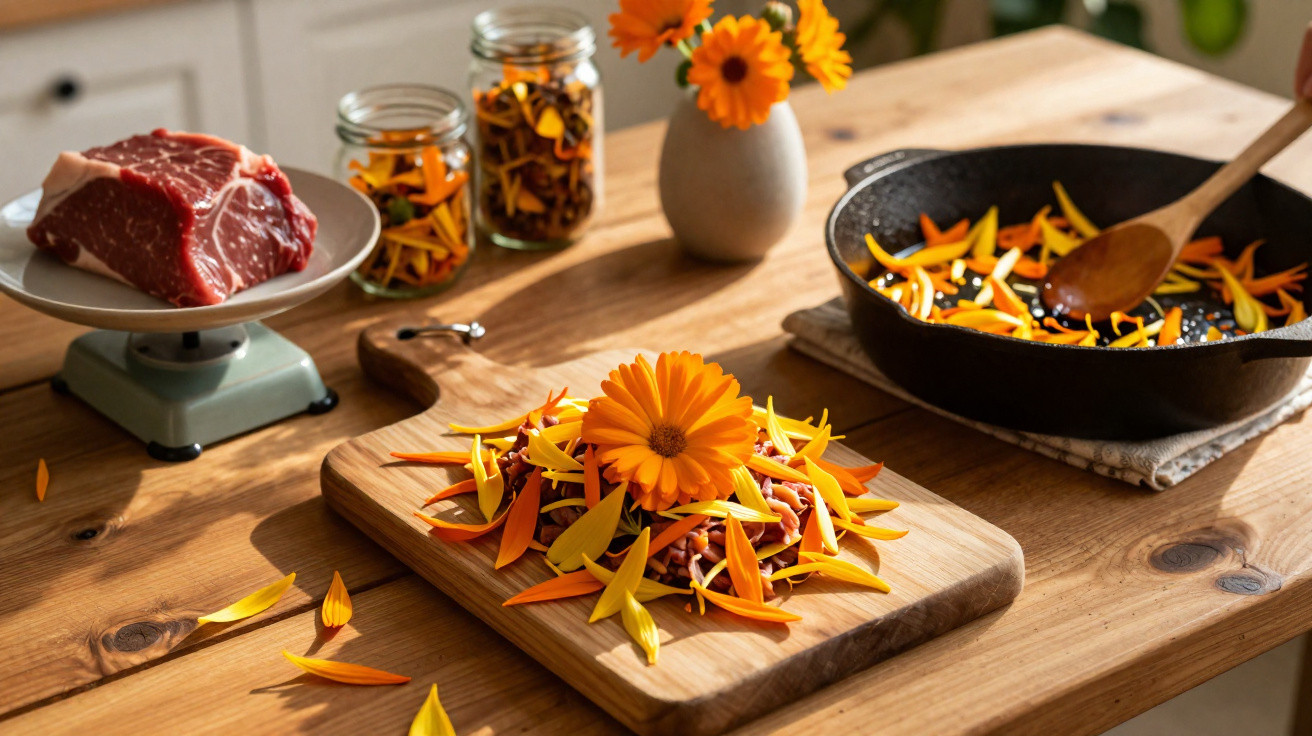 Carne crua numa balança, pétalas de flores e panela com mistura de pétalas numa mesa de madeira.