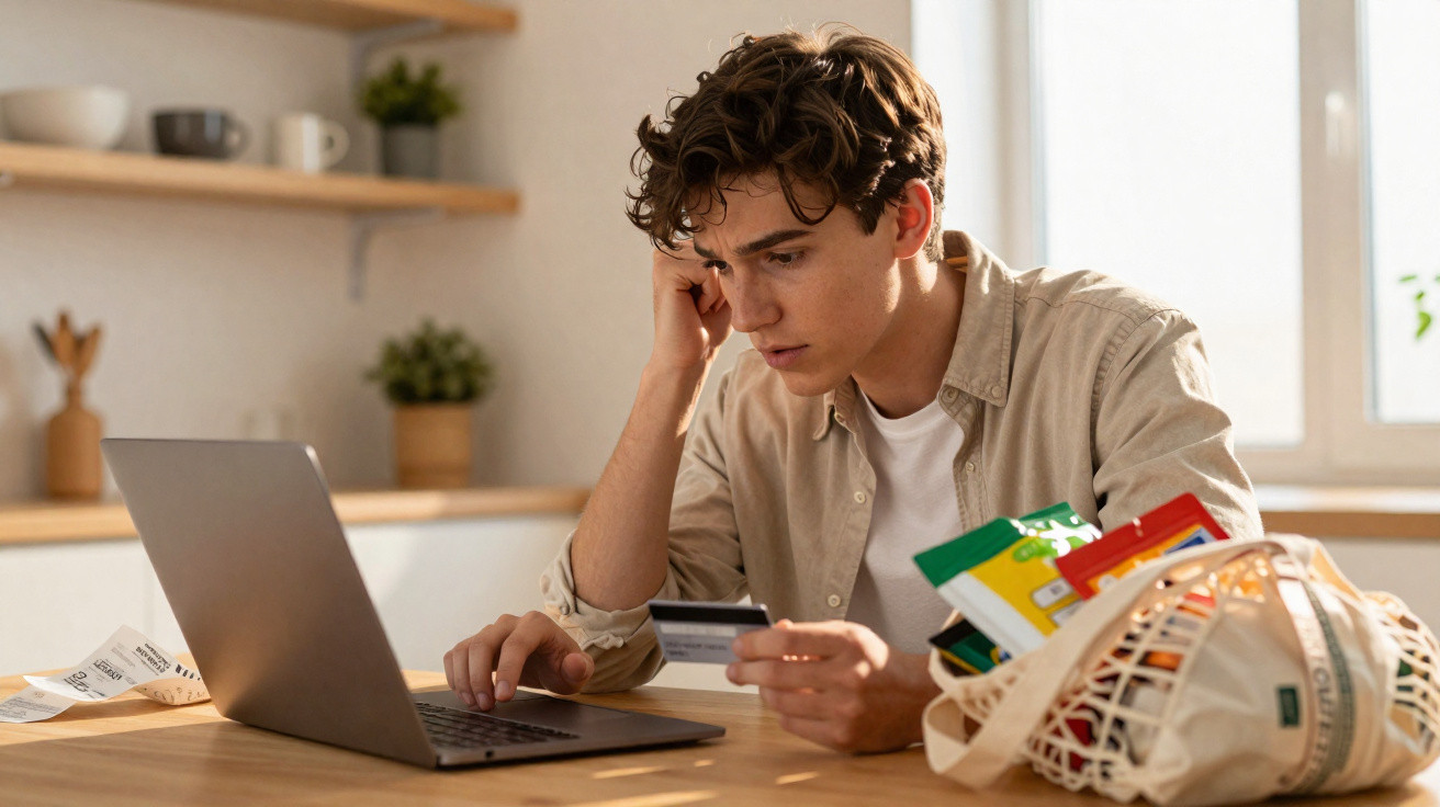 Jovem a fazer compras online no computador, segurando cartão de crédito, com saco de compras e talão à frente.