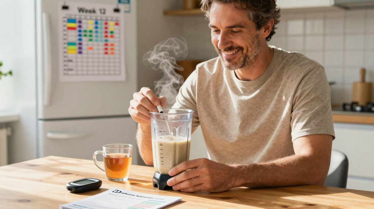 Homem sorridente mistura bebida quente num liquidificador na cozinha moderna durante a manhã.