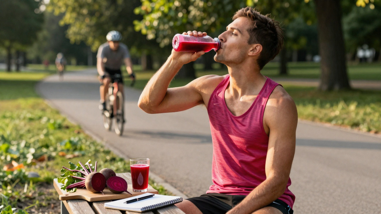 Homem a beber sumo de beterraba sentado num banco de parque, com bicicletas ao fundo.