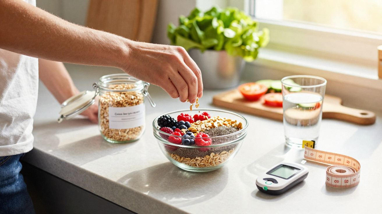 Pessoa a preparar uma taça saudável com frutos vermelhos, sementes e flocos de aveia numa cozinha iluminada.