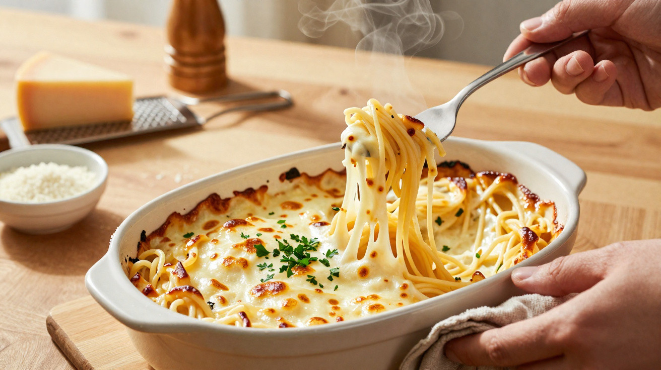 Gratinado de esparguete com molho de queijo derretido e polvilhado com salsa, servido numa travessa branca.