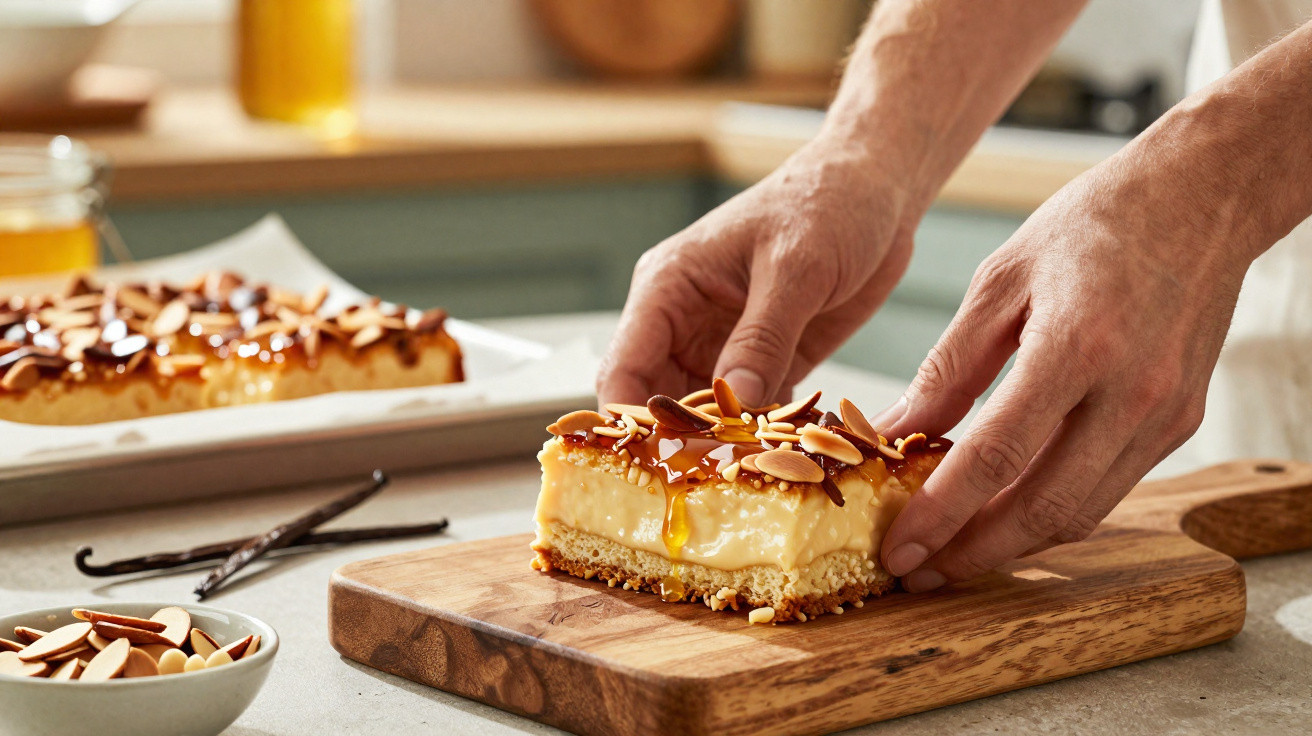 Mãos a colocar fatia de sobremesa cremosa com caramelo e amêndoas numa tábua de madeira na cozinha.