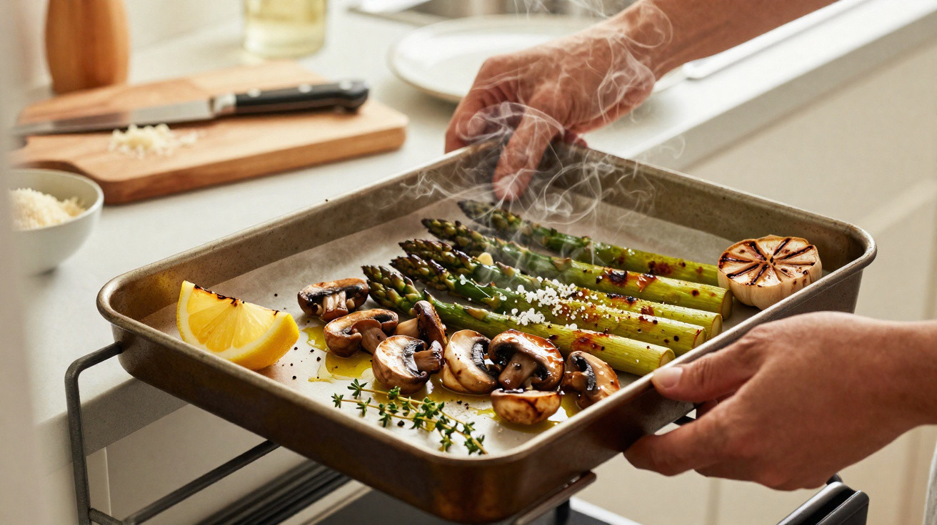 Mãos seguram tabuleiro com espargos, cogumelos grelhados, limão e alho na cozinha a fumegar.