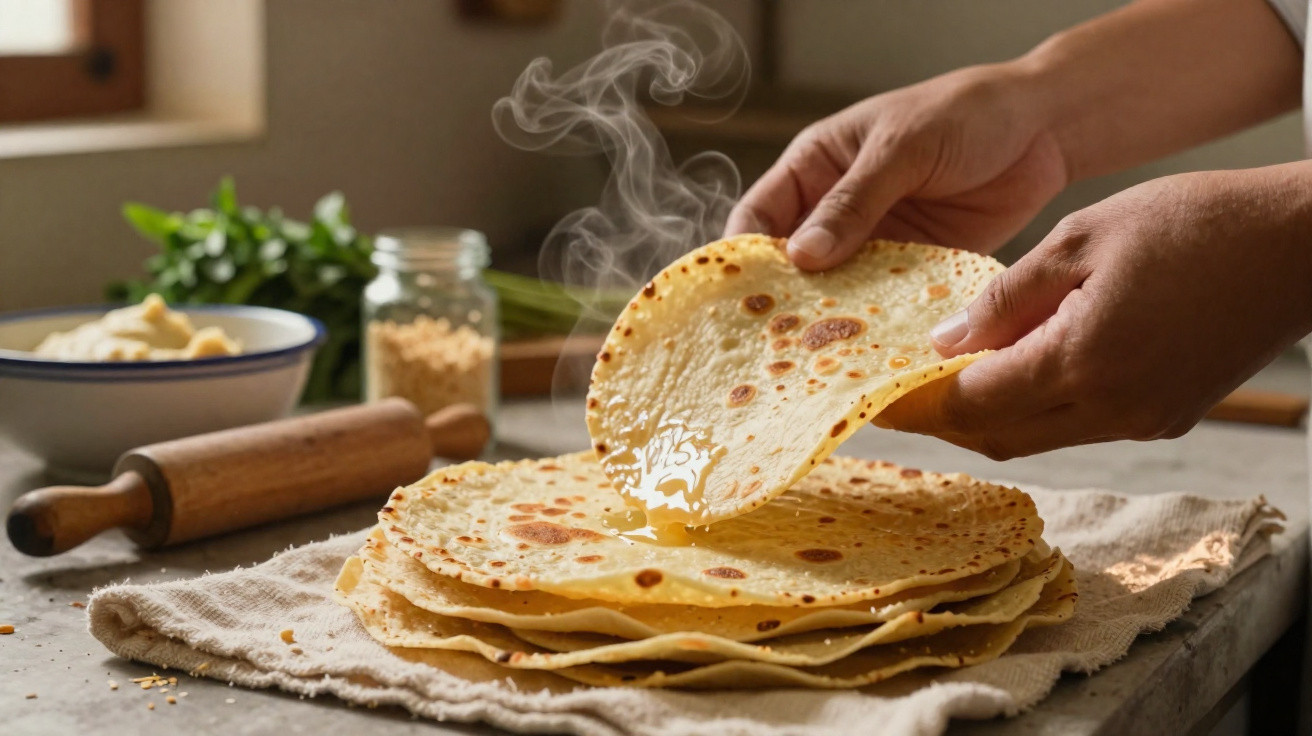 Mãos a pegar uma tortilla quente e fumegante de uma pilha sobre um pano numa superfície de cozinha.