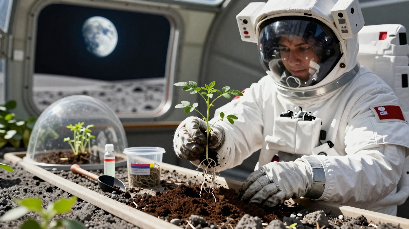 Astronauta a plantar uma muda dentro de uma estufa lunar com vista para a Terra no espaço.