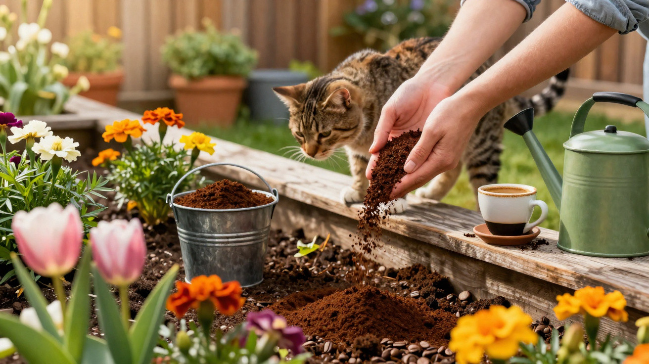 Pessoa a espalhar borra de café numa pequena horta com gato curioso e flores coloridas à volta.