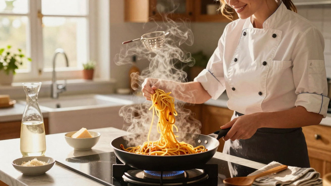 Chef a cozinhar esparguete numa frigideira fumegante numa cozinha iluminada.