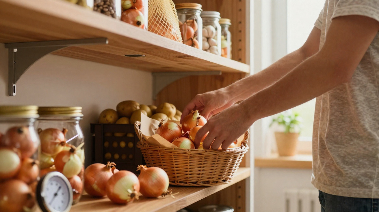 Pessoa a pegar cebolas de uma cesta de vime numa despensa com frascos de vidro e legumes.