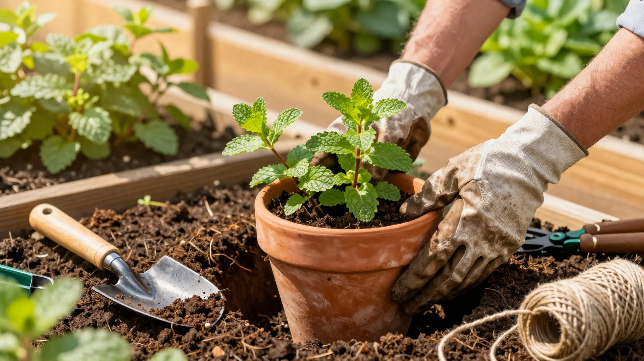 Pessoa a transplantar planta num vaso de barro num jardim com luvas de proteção.