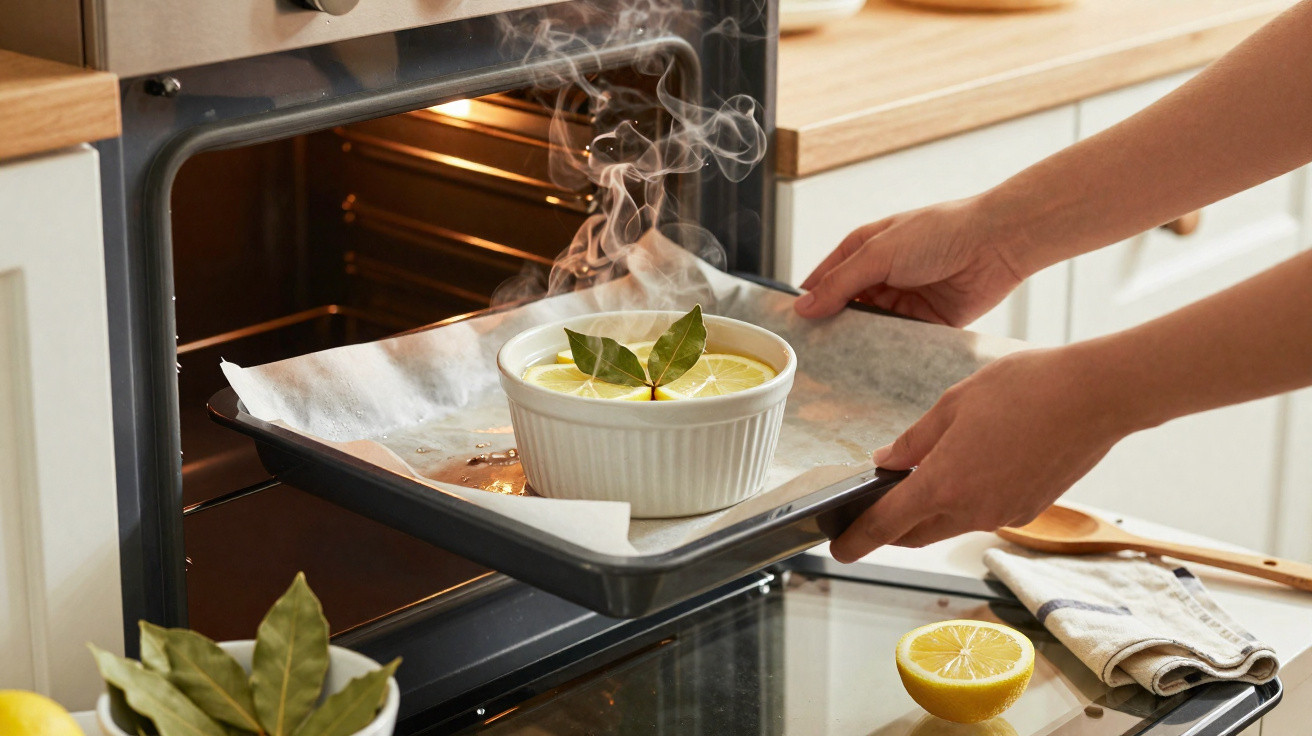 Pessoa a retirar do forno um recipiente branco com um prato quente e decorado com folhas e fatias de limão.