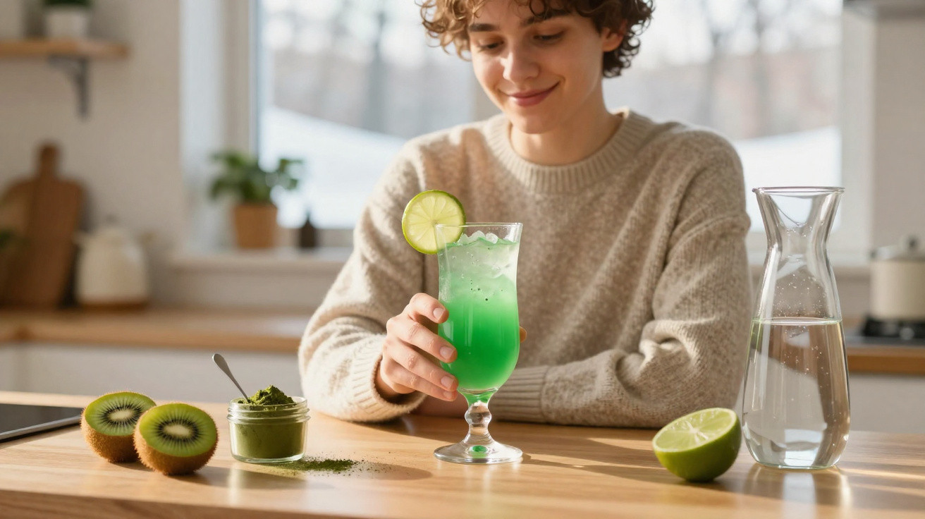 Pessoa sorridente segura copo com bebida verde e gelo, rodeada de kiwi, limão e jarra de água numa cozinha.
