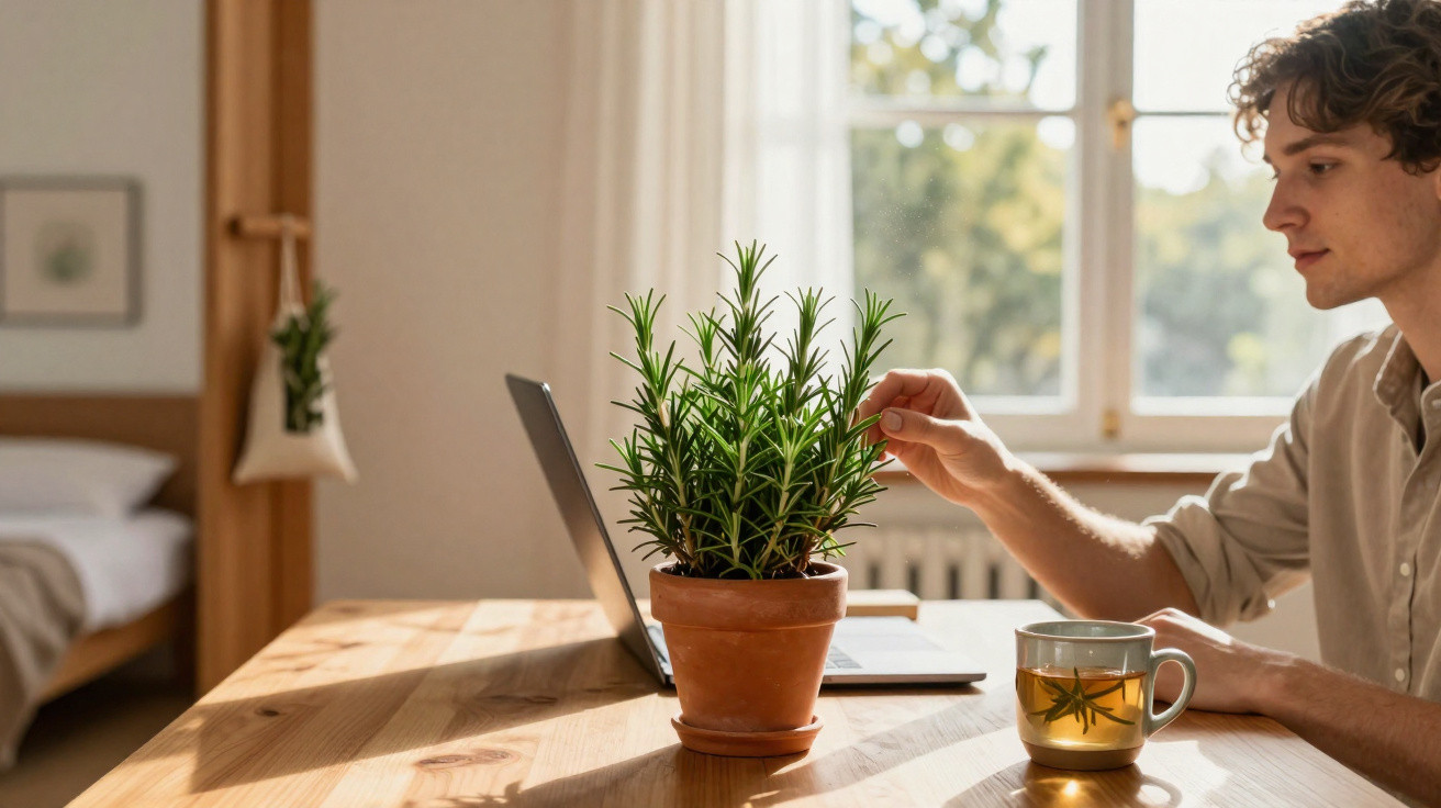 Homem a cuidar de planta em vaso numa mesa com computador e chá junto a janela luminosa.