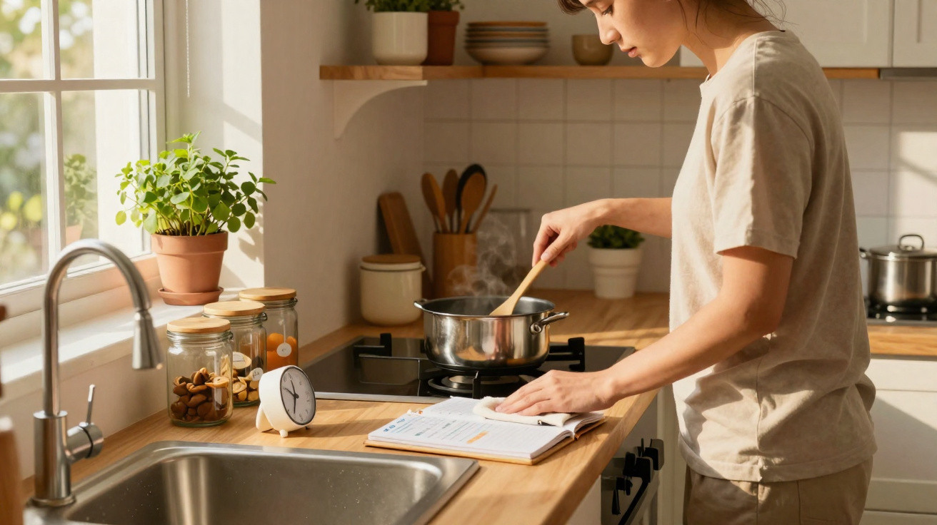 Pessoa a cozinhar numa cozinha luminosa, a mexer uma panela no fogão enquanto lê um livro de receitas.