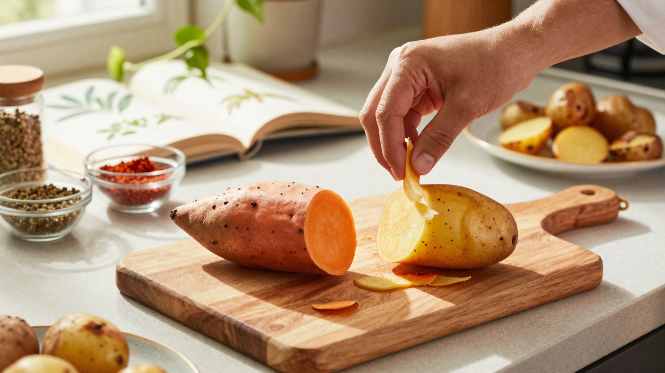 Pessoa a descascar batata no corte numa tábua com batata-doce cortada ao lado numa cozinha iluminada.