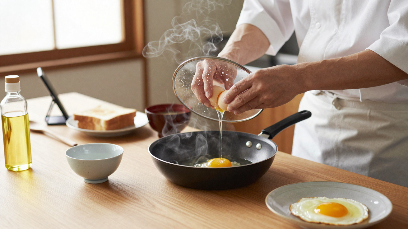 Pessoa a partir um ovo numa frigideira fumegante para cozinhar um ovo estrelado numa cozinha.