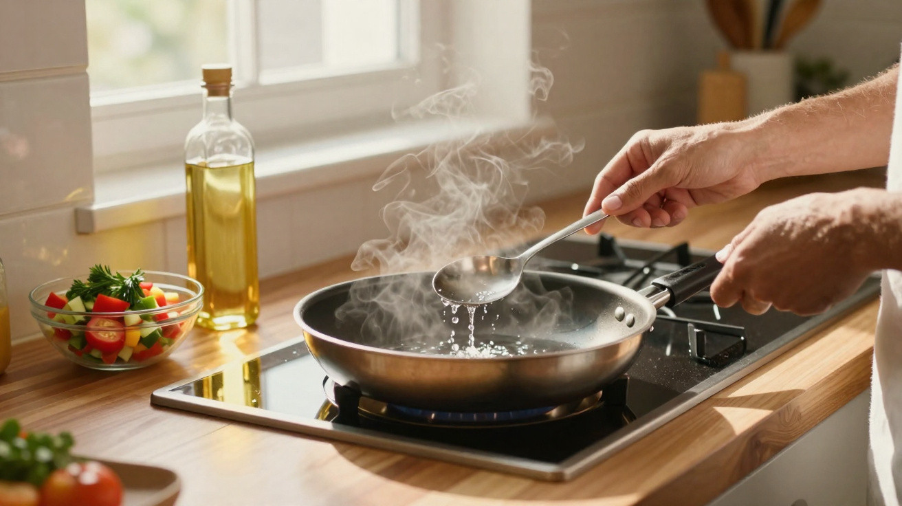 Pessoa a cozinhar, adicionando líquido numa frigideira em lume com vapor na cozinha iluminada pela janela.
