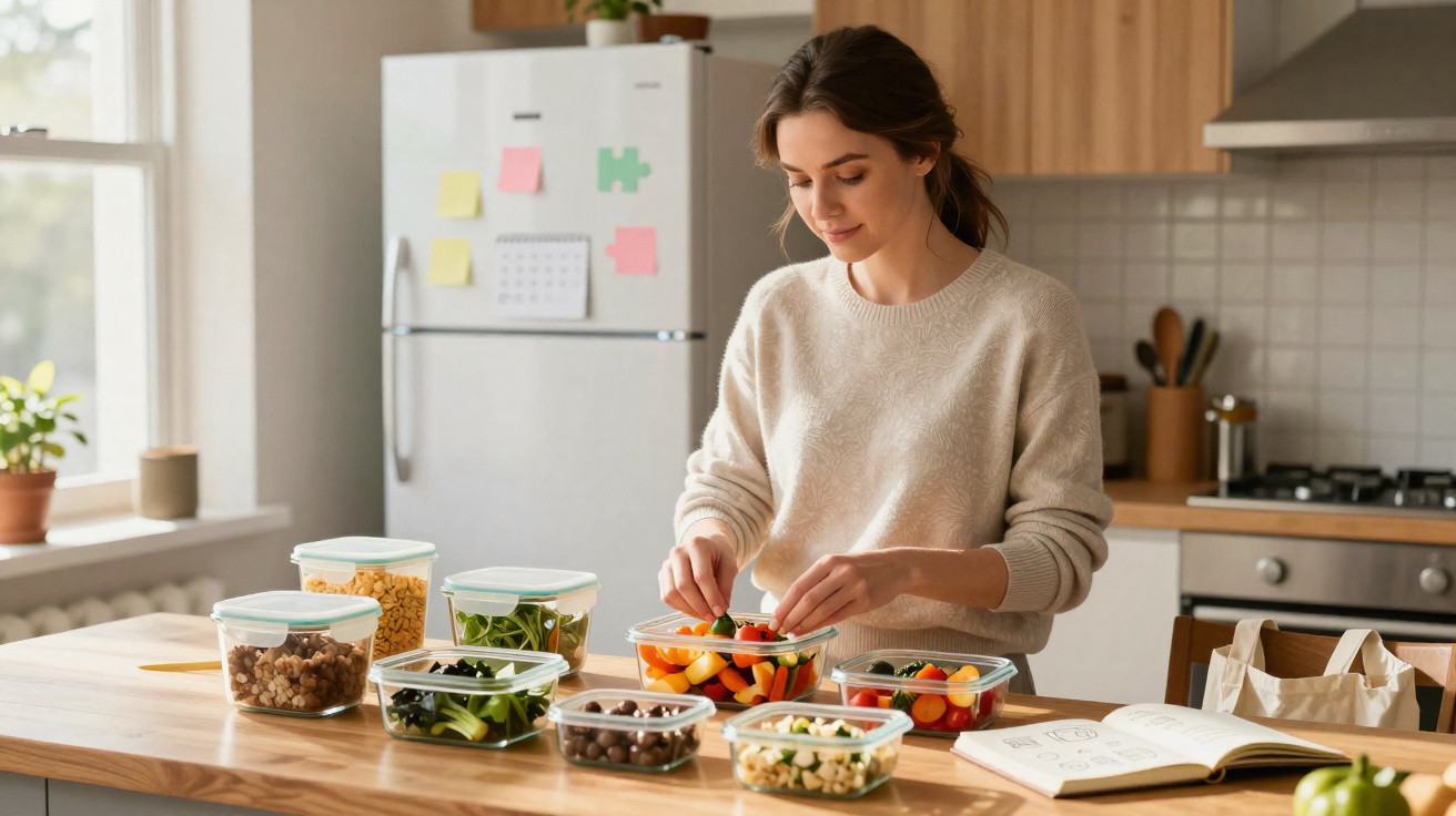 Mulher a preparar salada com vários recipientes de legumes e vegetais numa cozinha moderna.