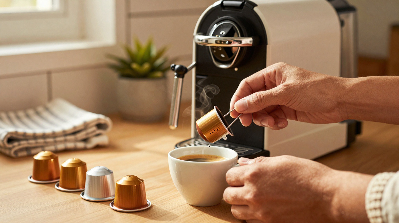 Pessoa a retirar cápsula de café de máquina expresso para colocar numa chávena branca numa cozinha iluminada.