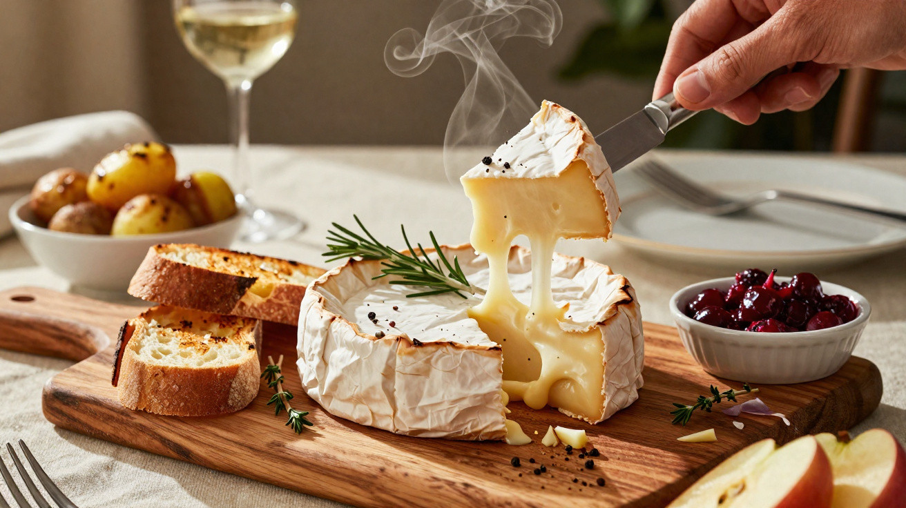 Queijo camembert quente a derreter servido com pão, batatas, compota de frutos vermelhos e vinho branco.