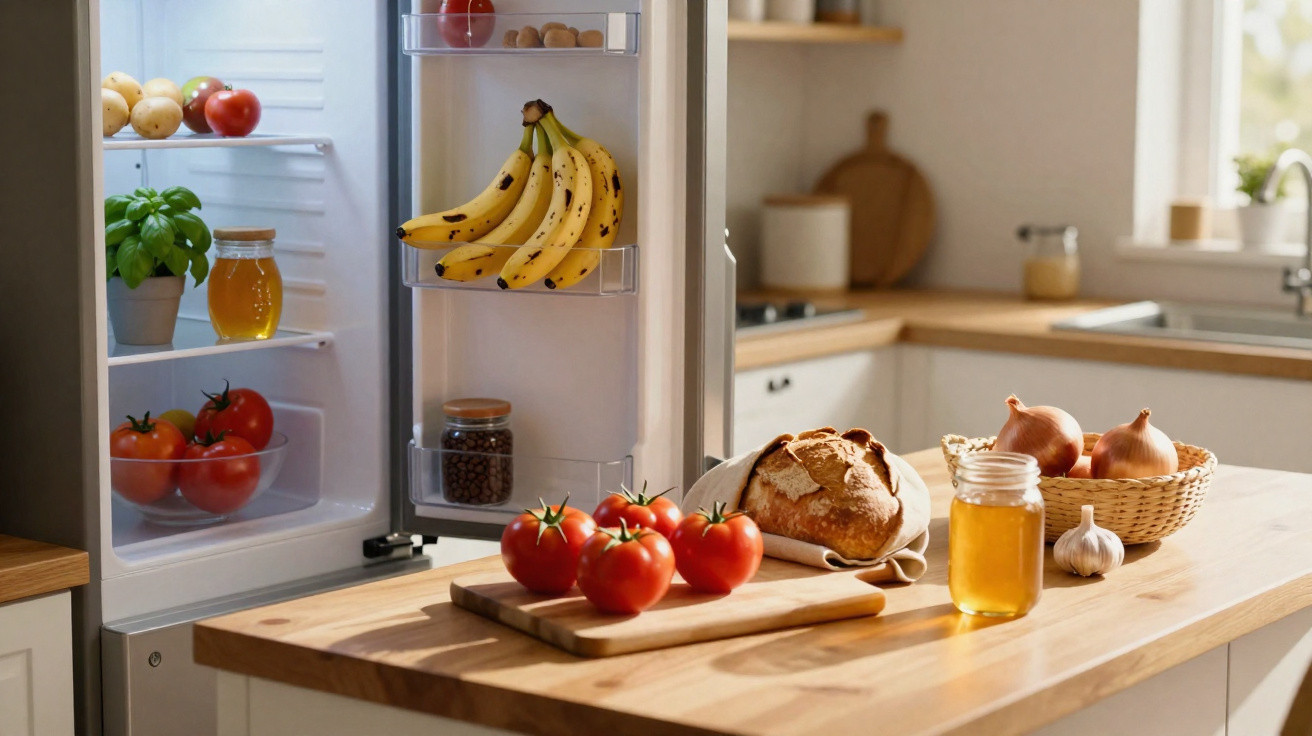 Frigorífico aberto com bananas, tomates e potes, bancada de cozinha com pão, tomate, mel e cebolas.