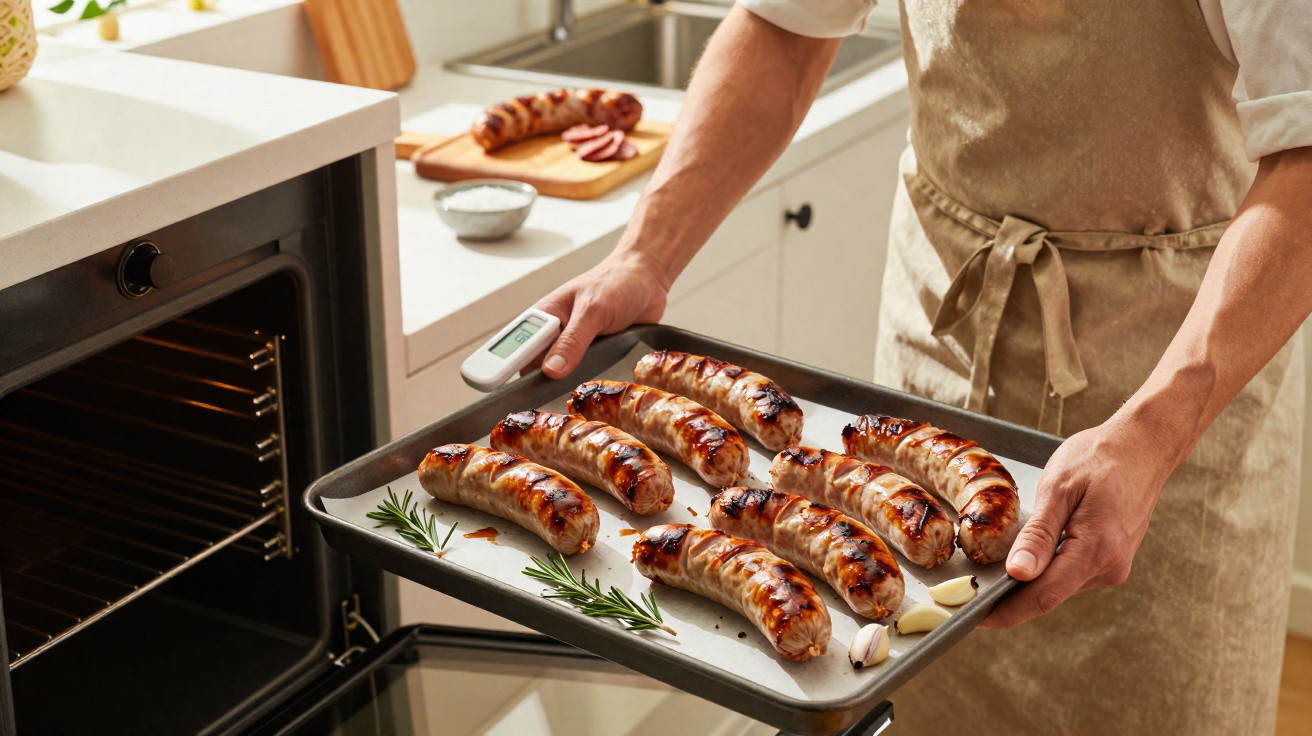 Pessoa a retirar do forno tabuleiro com salsichas grelhadas e ervas aromáticas numa cozinha moderna.