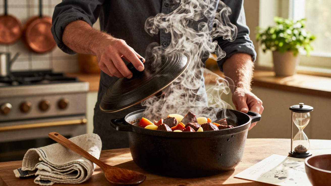 Pessoa a levantar a tampa de um tacho com guisado a cozinhar, emanando vapor numa cozinha rústica.