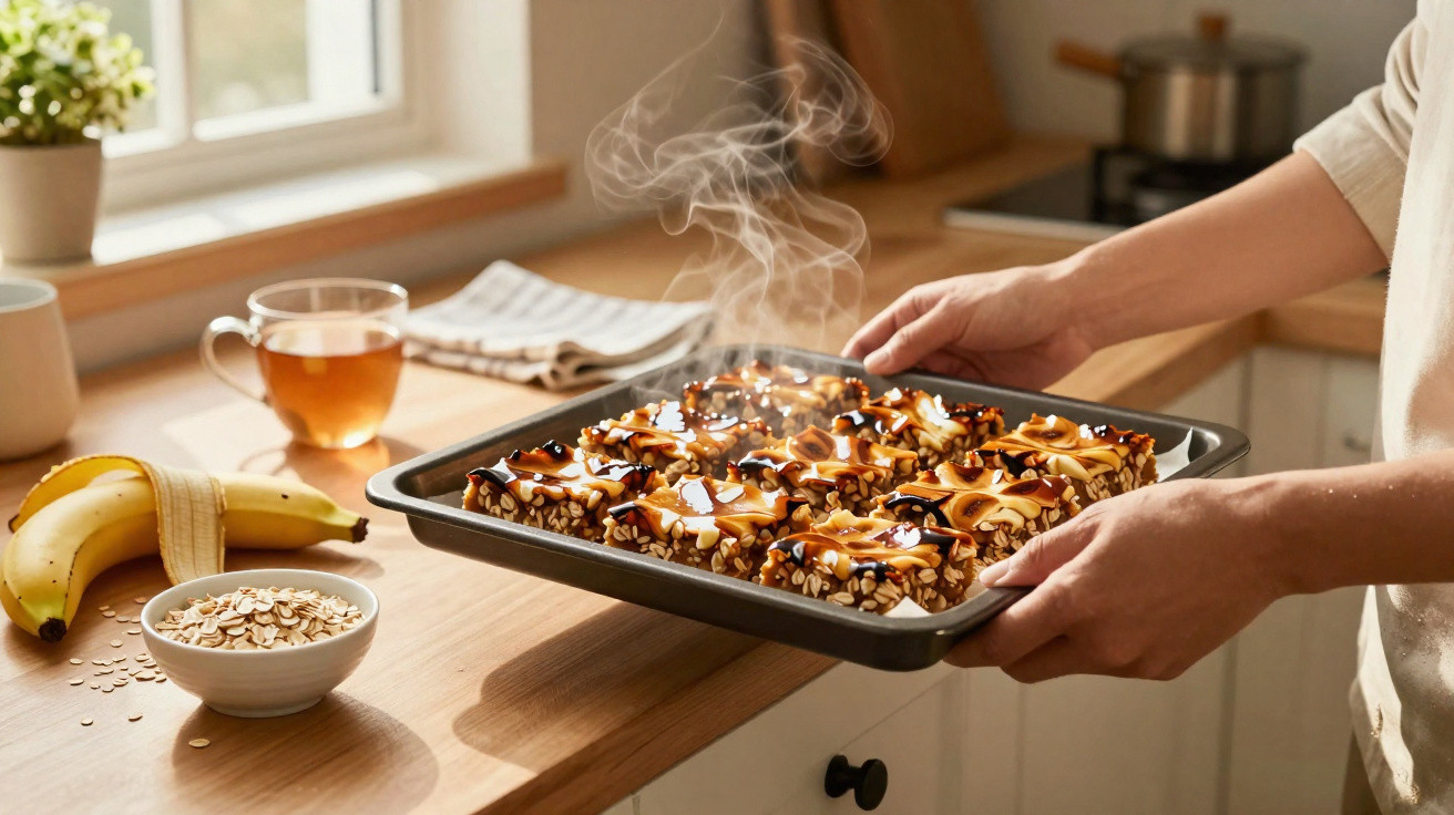 Pessoa a segurar tabuleiro com barras de aveia recém-saídas do forno numa cozinha iluminada.