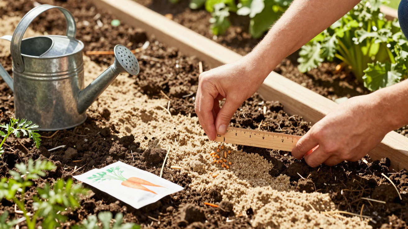 Mãos a plantar sementes de cenoura na terra, régua para medir espaçamento e regador metálico ao lado.