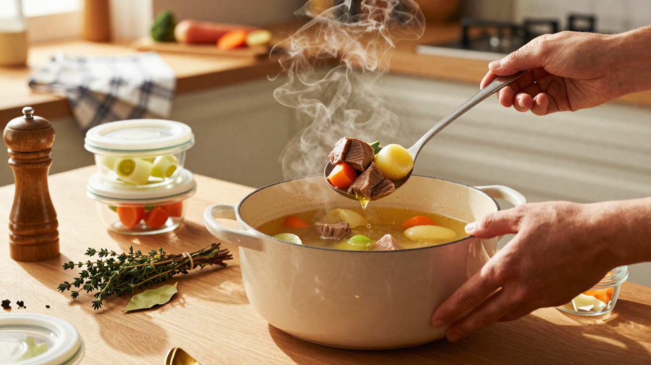 Mãos servem sopa quente de carne, batata e legumes numa panela branca na cozinha luminosa.