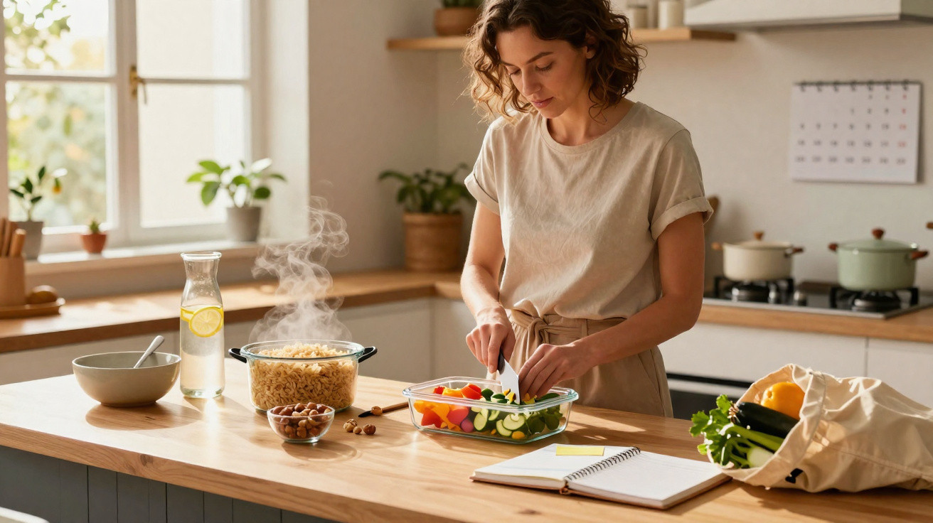 Mulher numa cozinha cortando legumes frescos para uma refeição saudável e vegetariana.