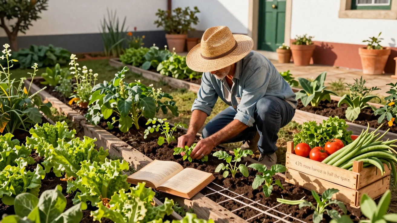 Homem com chapéu de palha a plantar hortaliças num jardim com legumes frescos ao redor.