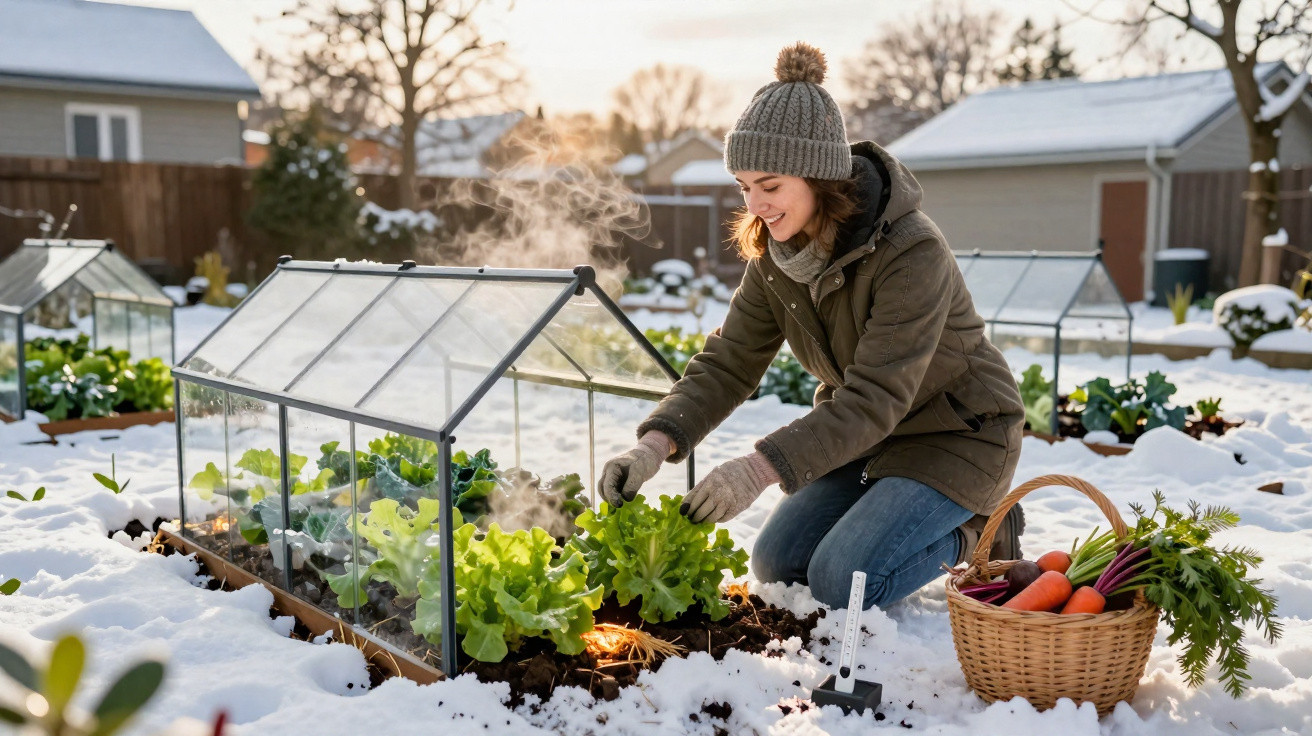 Mulher a cuidar de plantas numa estufa pequena no jardim coberto de neve no inverno.
