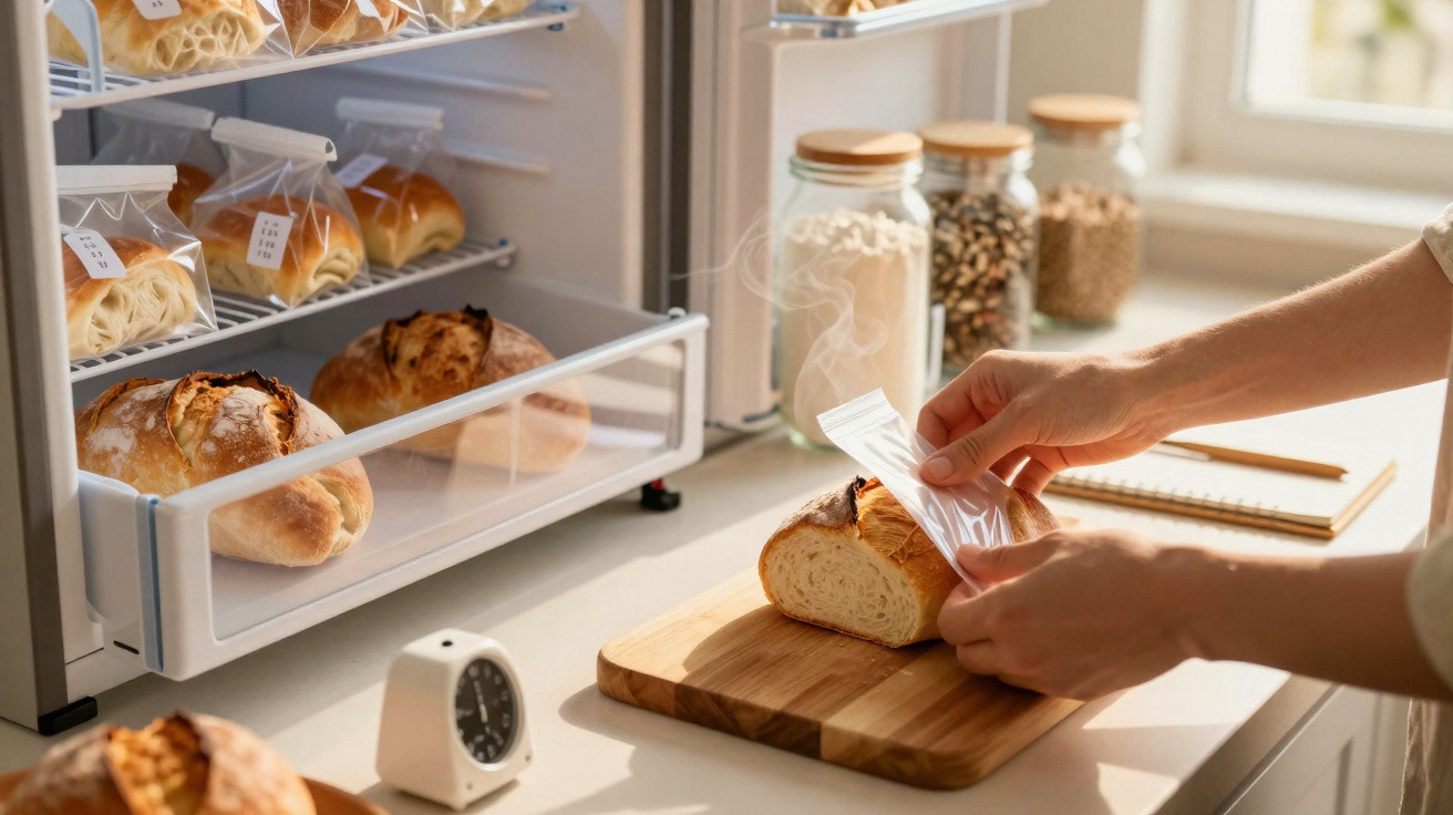 Mão a colocar pão fresco em saco plástico numa bancada de cozinha luminosa com variados pães e frascos.