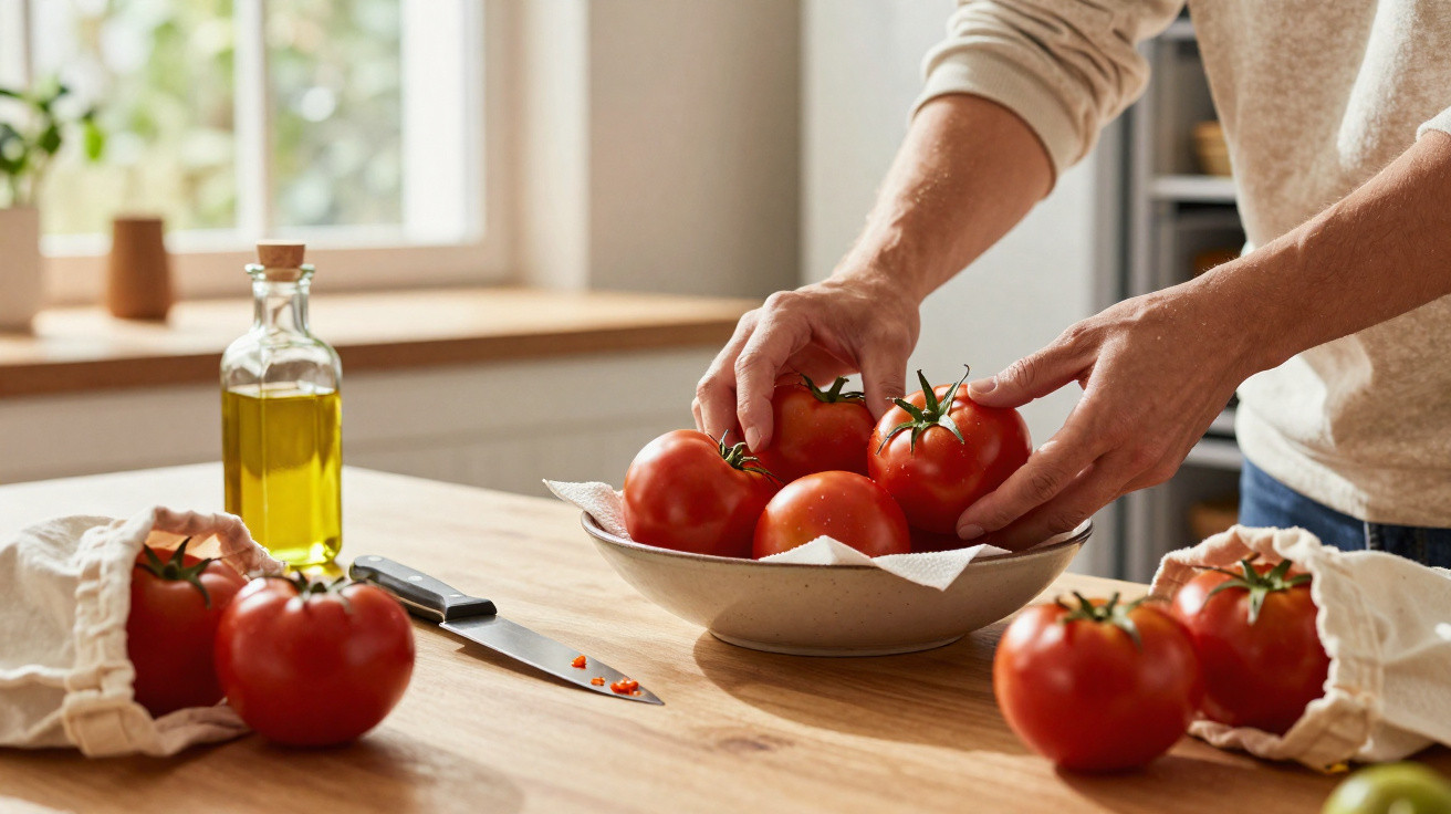 Pessoa a colocar tomates frescos numa tigela numa cozinha com azeite e faca ao lado.