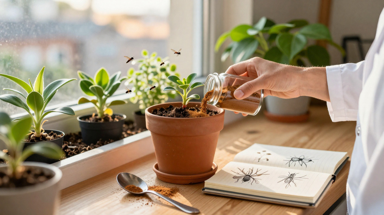 Pessoa a deitar pó num vaso de planta enquanto várias abelhas voam ao redor junto a um caderno com desenhos de insetos.