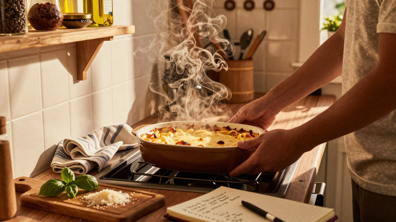 Pessoa a retirar uma travessa quente com lasanha do forno numa cozinha acolhedora e iluminada.