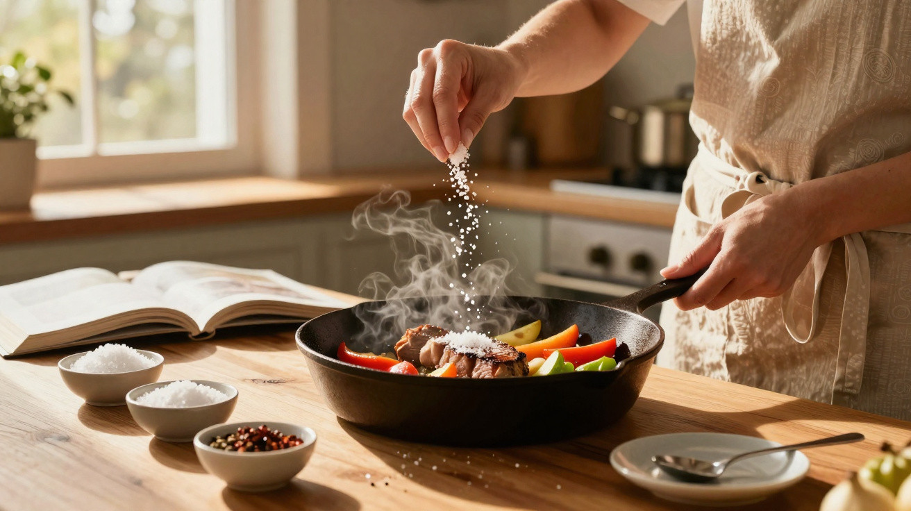 Pessoa a temperar carne num tacho com legumes coloridos numa cozinha iluminada e acolhedora.