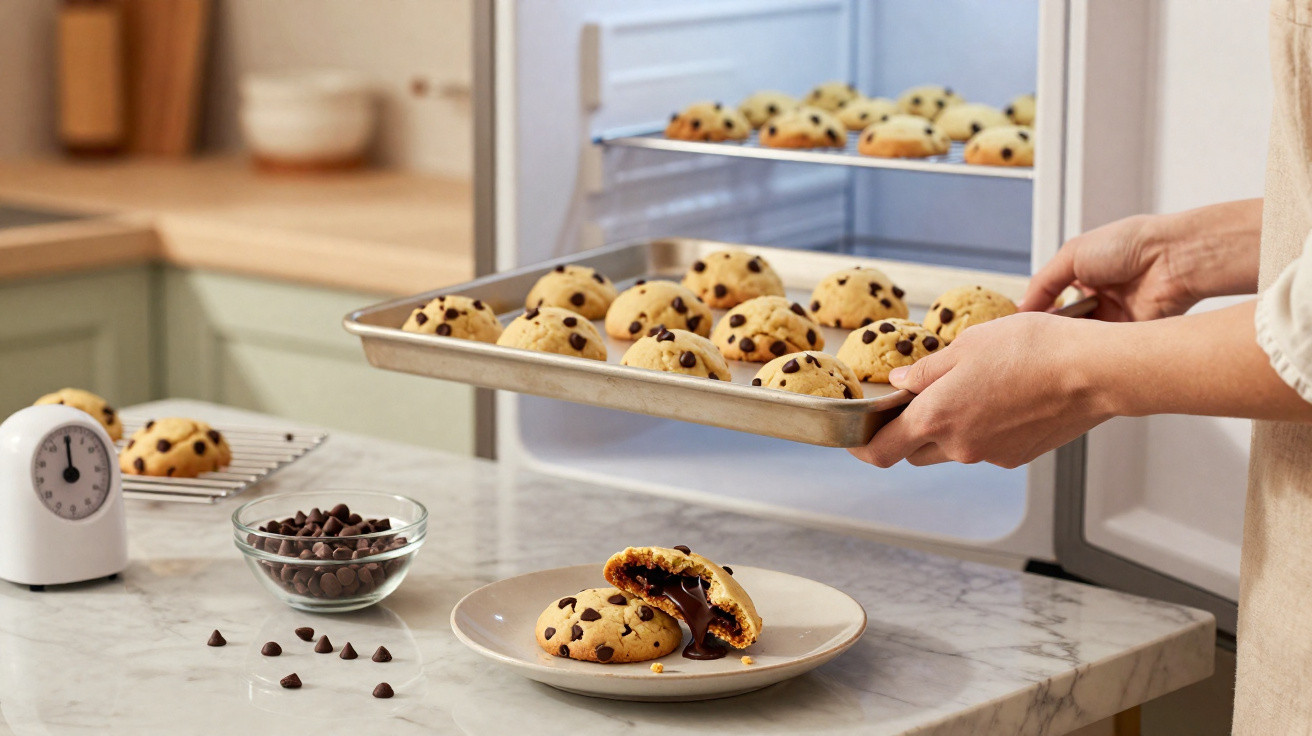 Pessoa a retirar tabuleiro com bolachas de chocolate do forno numa cozinha moderna.