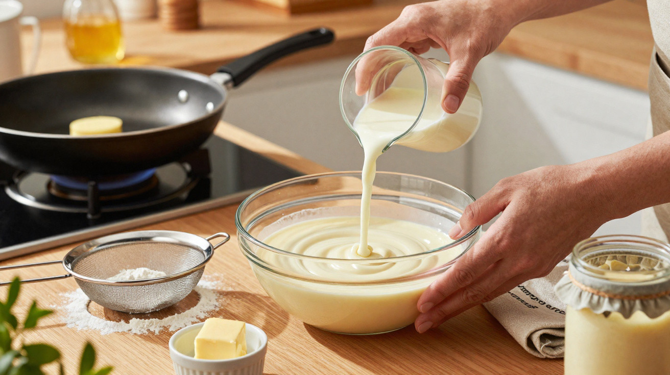 Mãos a verter creme numa tigela de vidro numa bancada de cozinha com ingredientes e frigideira ao fundo.