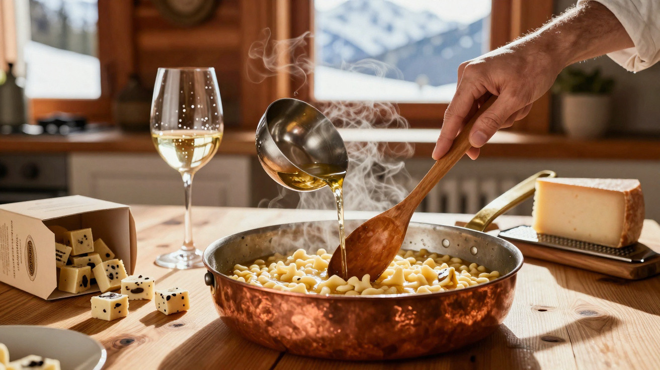 Mãos a cozinhar massa numa panela de cobre com queijo e vinho branco numa cozinha iluminada.