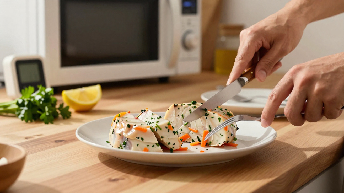 Pessoa a cortar prato de salada com legumes e molho numa cozinha com micro-ondas ao fundo.