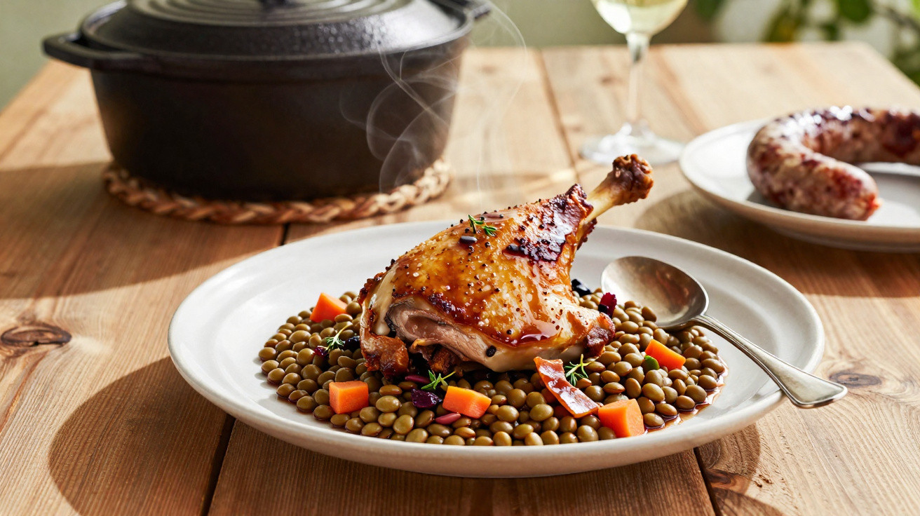 Pernil de pato assado com lentilhas e cenoura num prato branco sobre mesa de madeira.