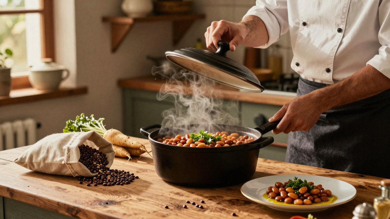 Pessoa a levantar a tampa de panela fumegante com feijão cozinhado, com prato servido e ingredientes na mesa de madeira.