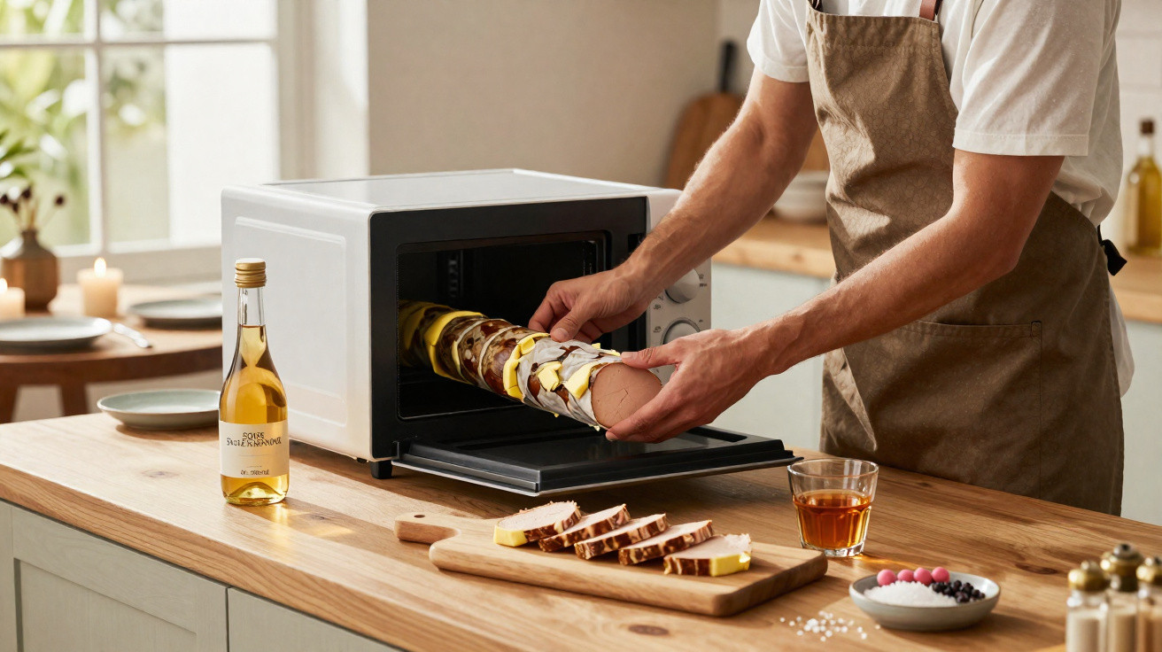 Pessoa a colocar pão com queijo e vegetais num mini forno numa cozinha luminosa e moderna.