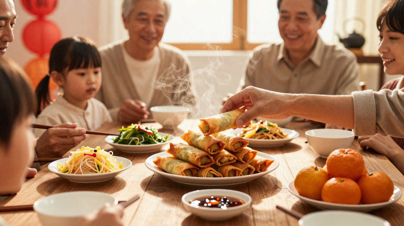 Família asiática reunida à mesa a partilhar uma refeição com rolinhos primavera quentes e frutas.